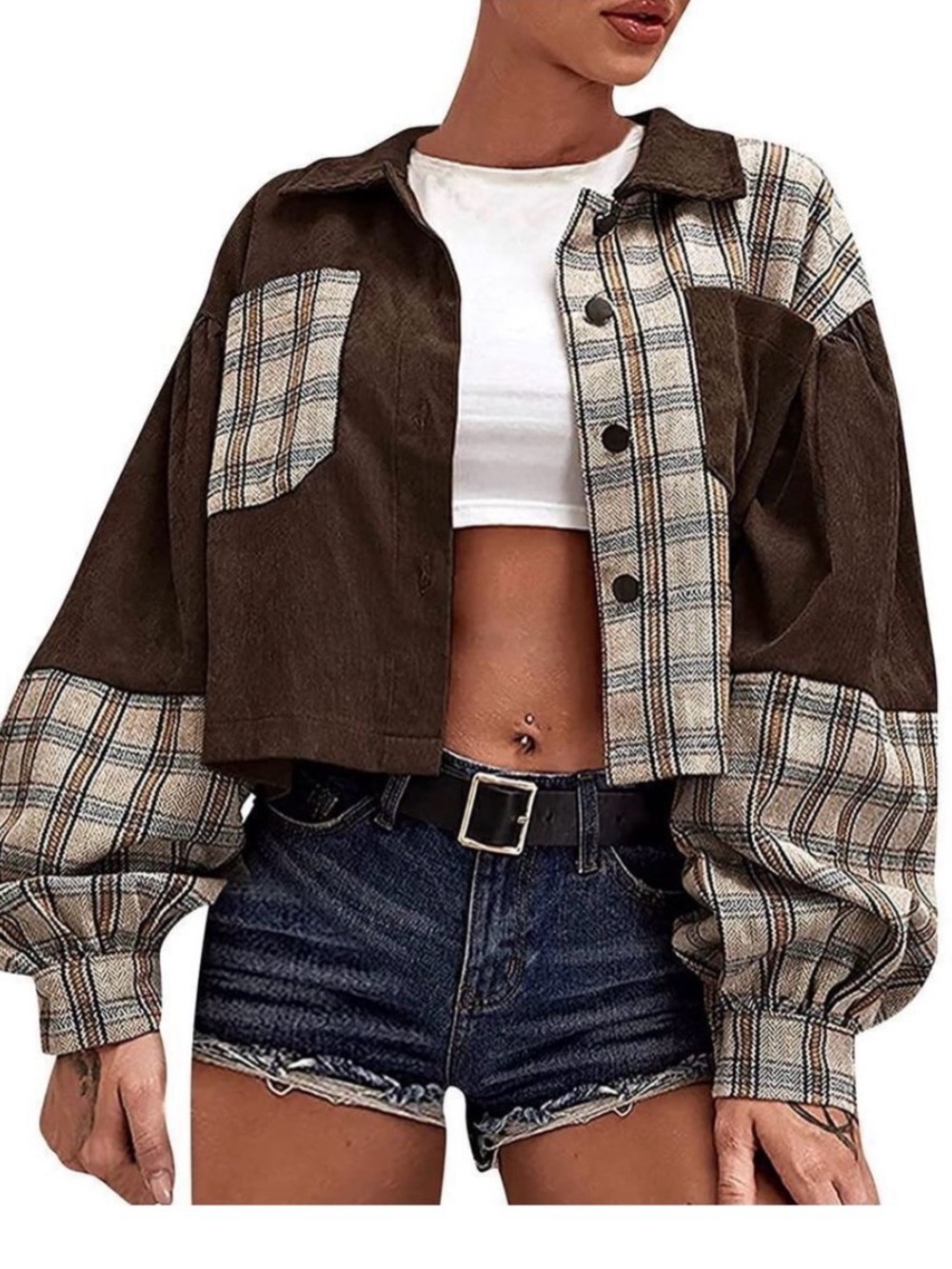 Cropped Plaid-Panel Shirt Jacket - Brown
